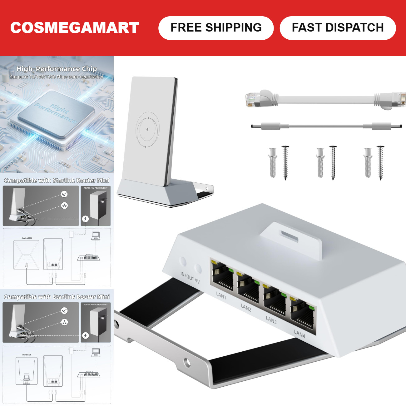 Multi-Port Ethernet Adapter & Mount for Starlink Router Mini/V5 + RJ45 Cable