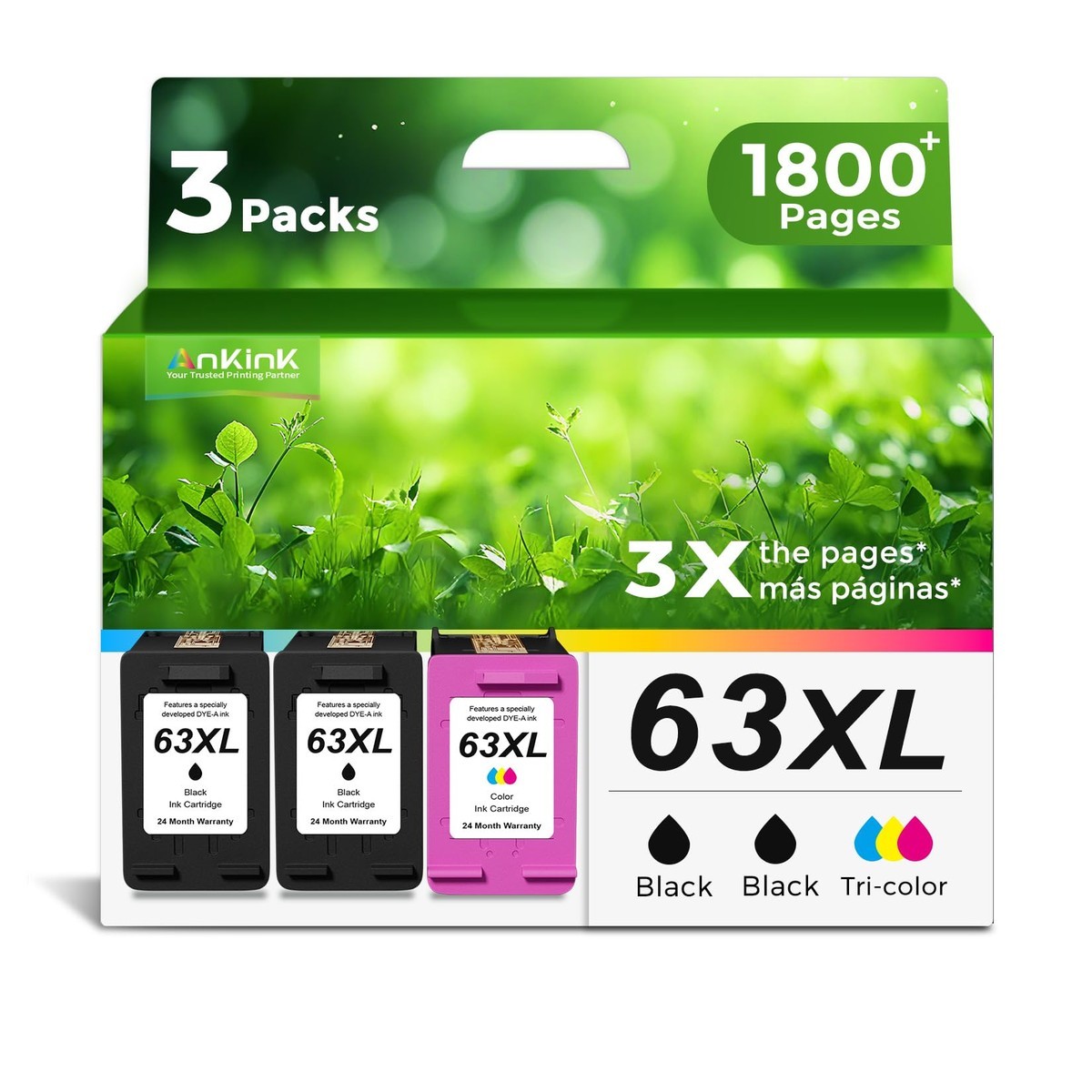 Ankink Ink Cartridges 2 Black 1 Color Combo 3-Pack for HP 63 XL