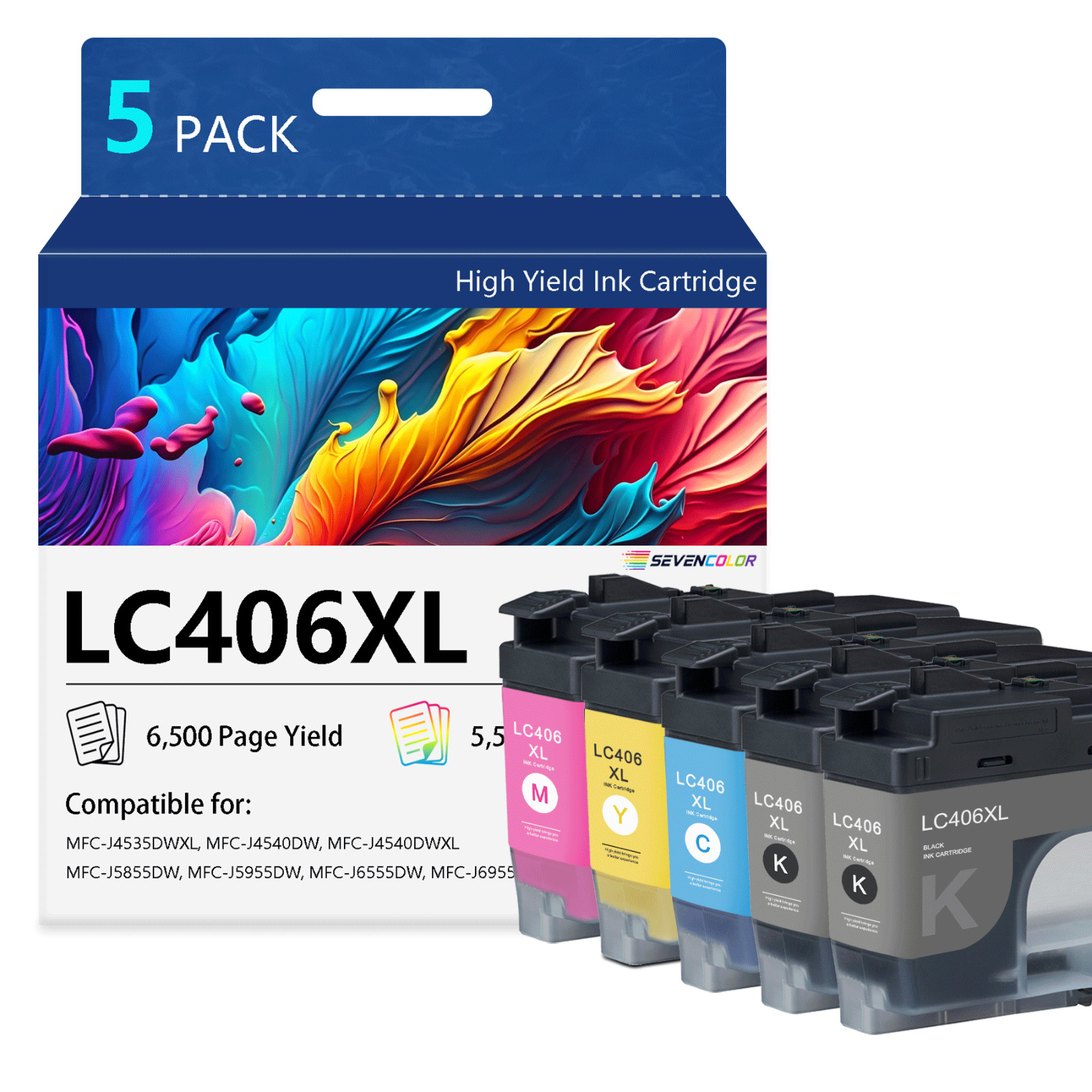 LC406XL High Yield Ink Cartridges Compatible for Brother 406XL, 5Pack(2K/CMY)