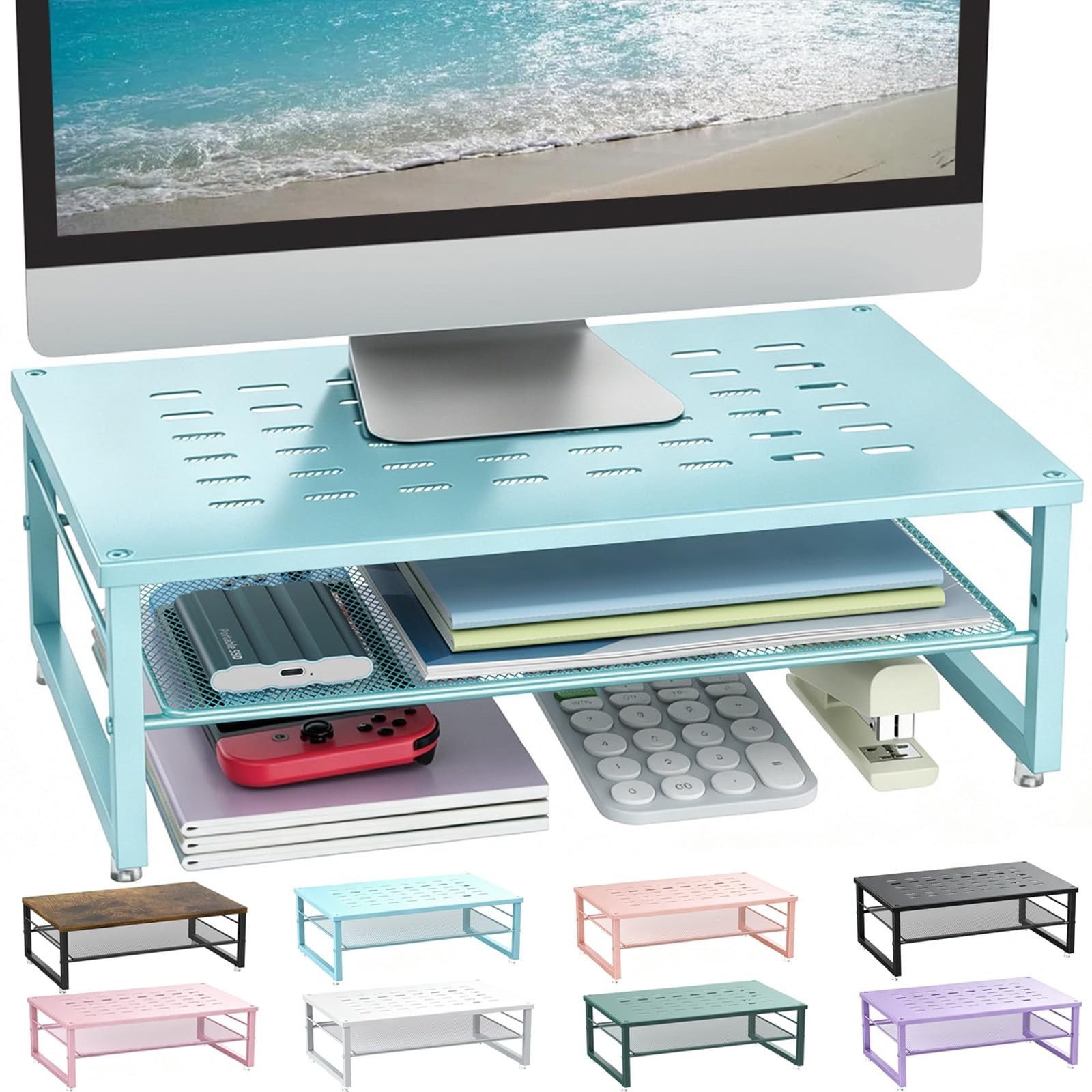 2-Tier Metal Monitor Stand Riser, Adjustable Height, Desk Organizer, Space Saver