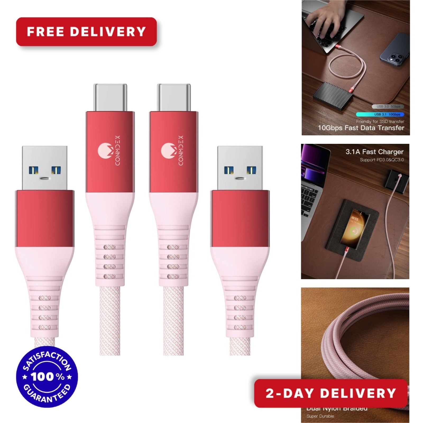 CONMDEX USB A to USB-C Cable 3ft 2-Pack 10Gbps Braided Red