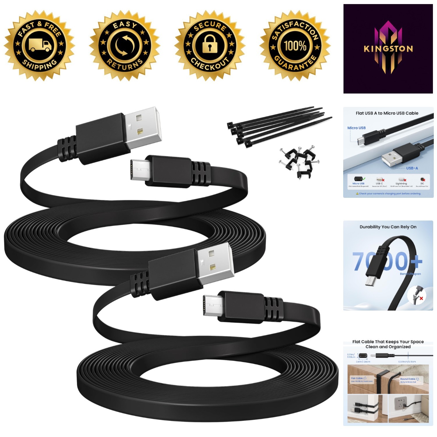20FT Micro USB Extension Cable - Flat Power Cord for Security Cameras (2-Pack)