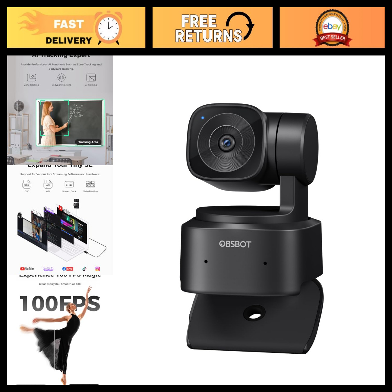 1080P 100FPS AI Tracking Webcam for PC - PTZ Streaming Camera, Video Conferencin
