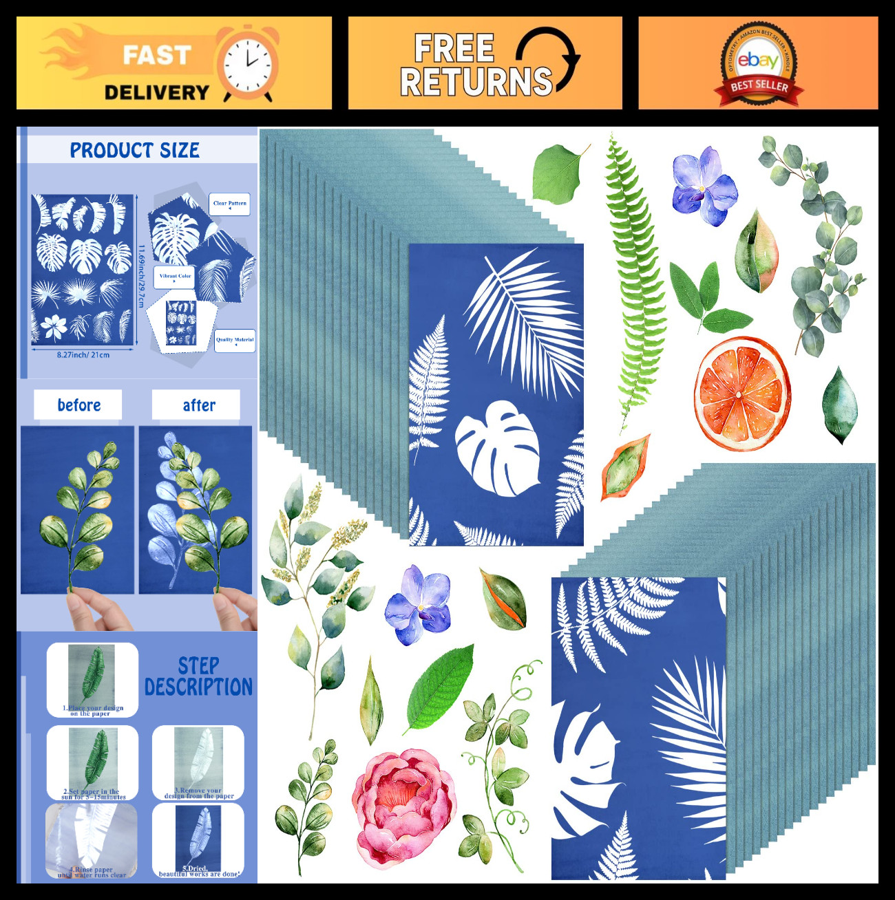 60 Sheets Sun Print Paper Kit - High Sensitivity Cyanotype Paper for DIY Art & C