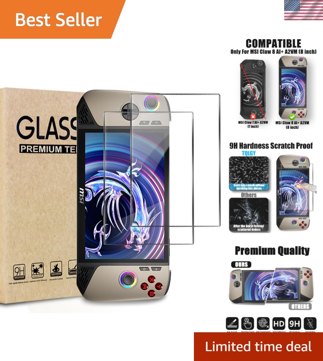 2-Pack MSI Claw 8 AI+ Tempered Glass Screen Protector - 9H Anti-Scratch & Bub...
