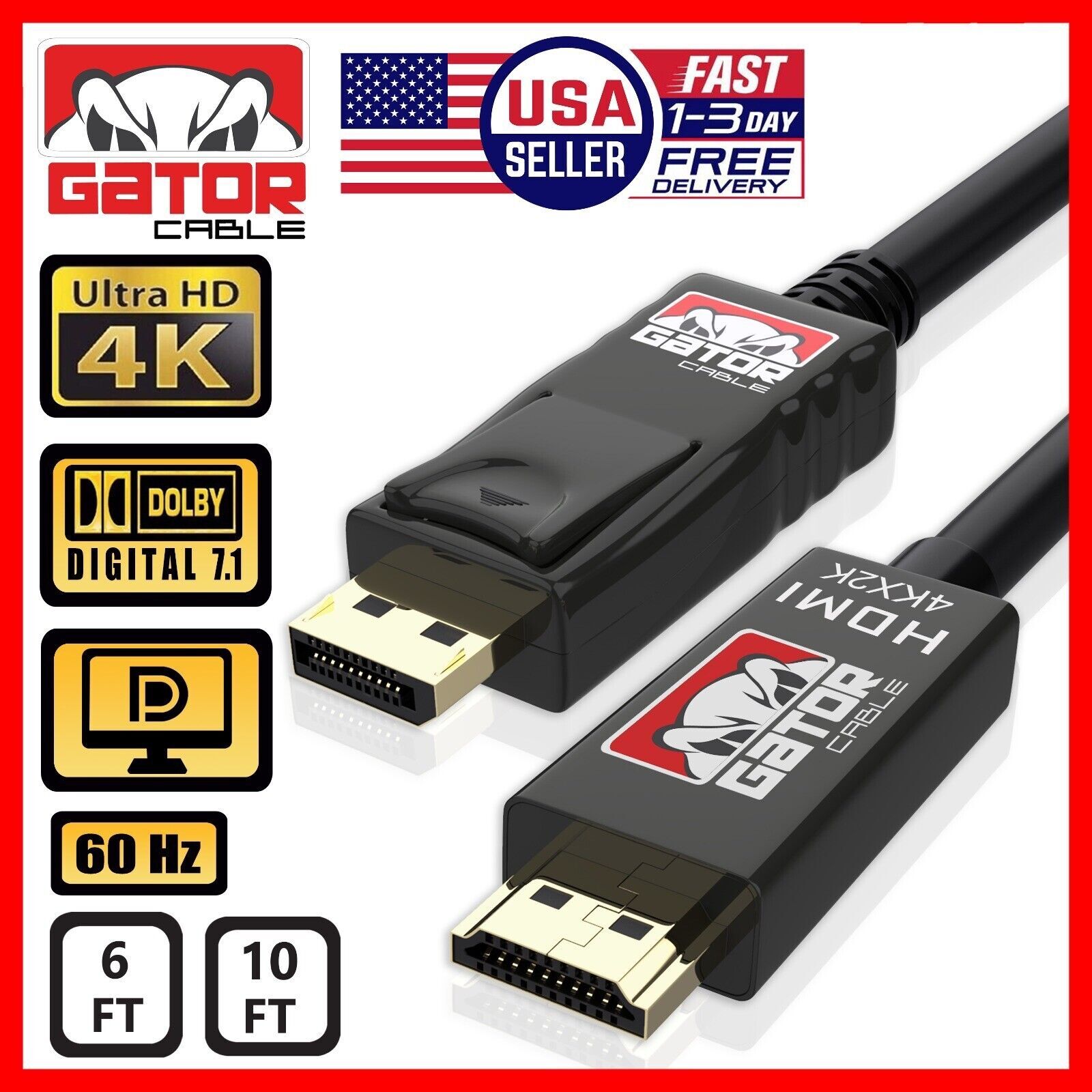 4K DisplayPort DP to HDMI Cable 60Hz 2160P 25.92Gbps HDR Audio Video Adapter PC