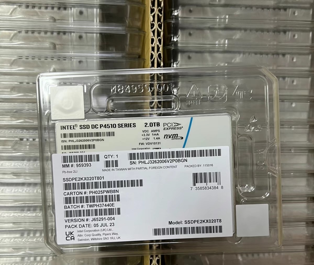 Intel P4510 2TB SSD Series DC NVME U.2 2.5" SSDPE2KX020T8 Solid State Drive