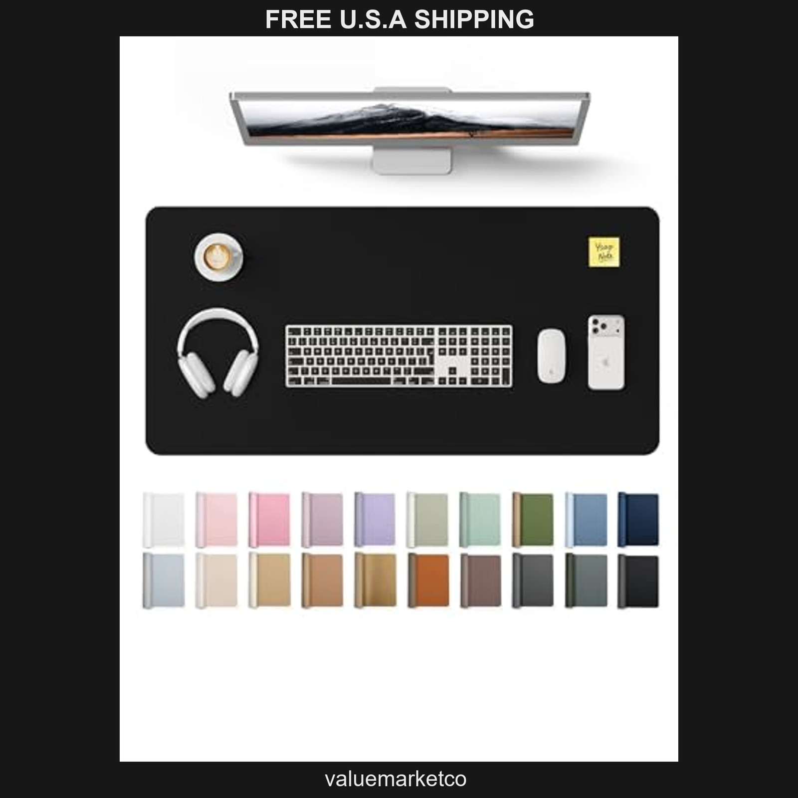 YSAGi PU Leather Desk Protector, 31.5 x 15.8 Inch Waterproof Office Mat, Black