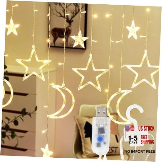 7.5ft Decorative Starry String Curtain Lights Moons and Stars LED Warm White