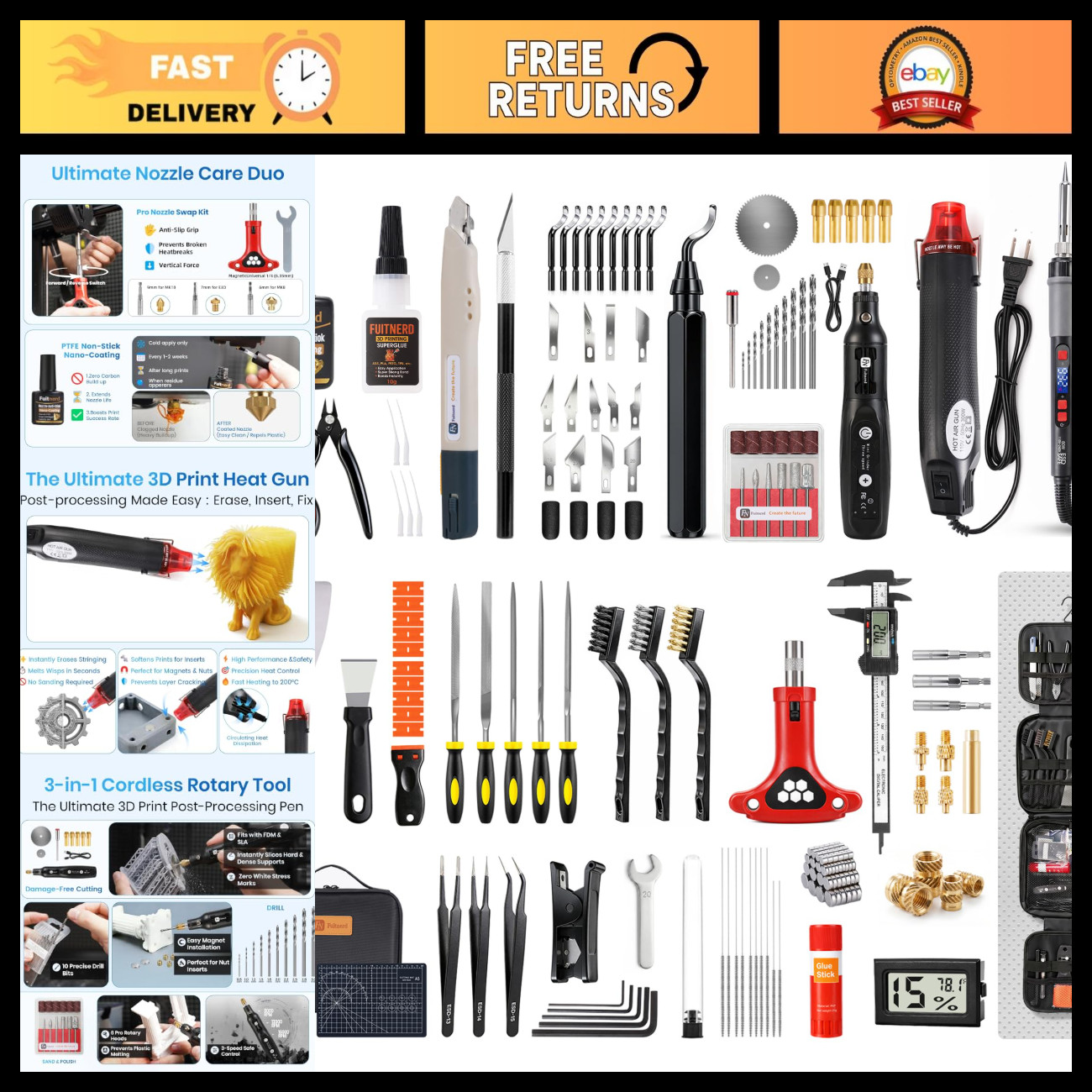 184Pcs 3D Printer Tools Kit with Organizer, Rotary Tool, Heat Gun & Soldering Ir