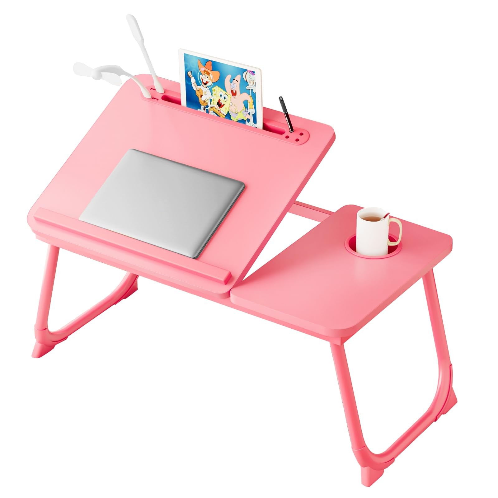 Pink Adjustable Laptop Bed Desk 5 Angle USB Charge Port Cup Holder Tray