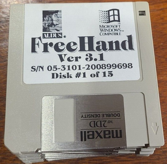 Aldus FreeHand 3.1- Vintage Windows Computer Program 3.5" Floppy Disks, 15 discs