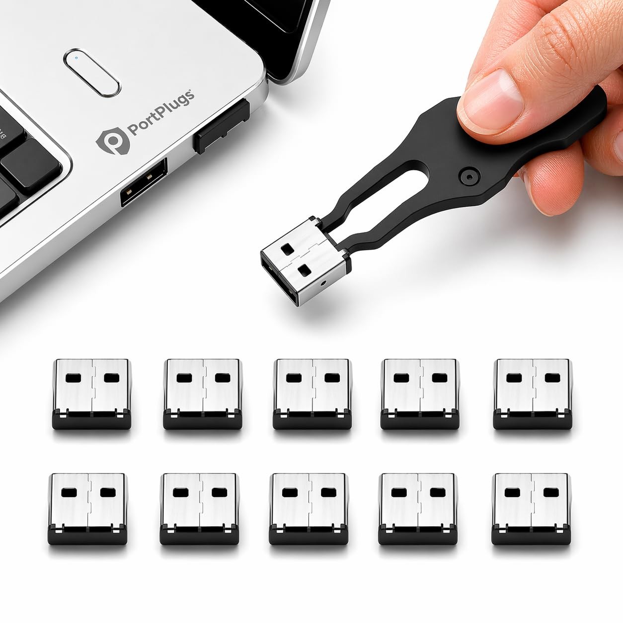 10 PCS USB A Port Blockers Two Point Zinc Alloy Locks 1 Key Black