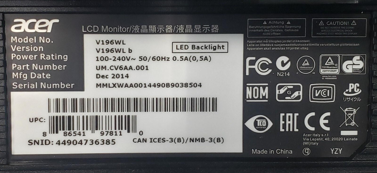 Acer V196WL LED LCD Monitor