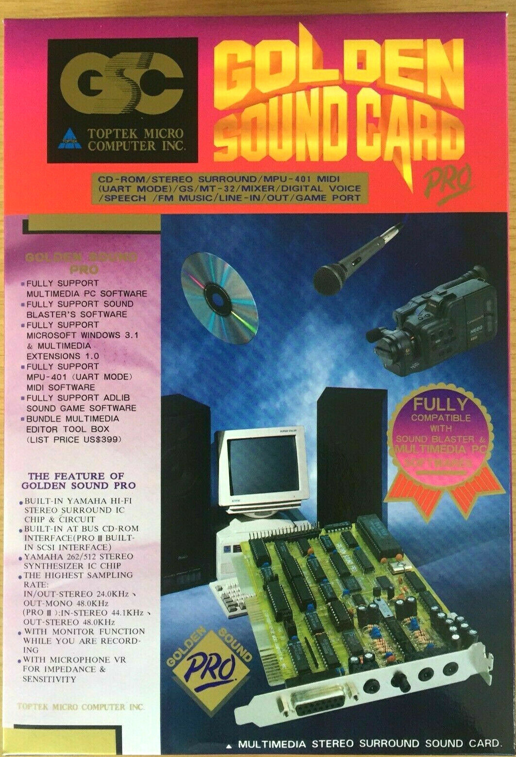ISA PC Sound Card Toptek Golden Sound Card Pro II YAMAHA 7128 Stereo Adlib - NEW