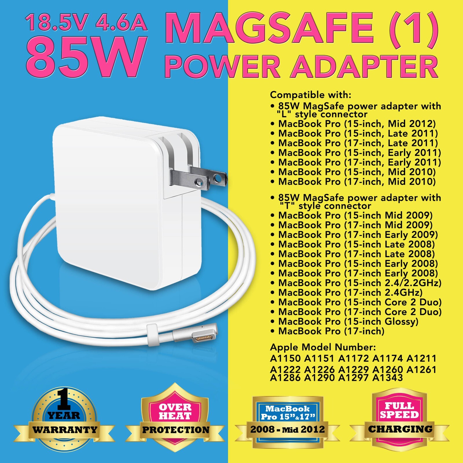 85W L-tip Mag--safe 1 Power Charger for Apple MacBook Pro 15" 17" 2008-2011 2012