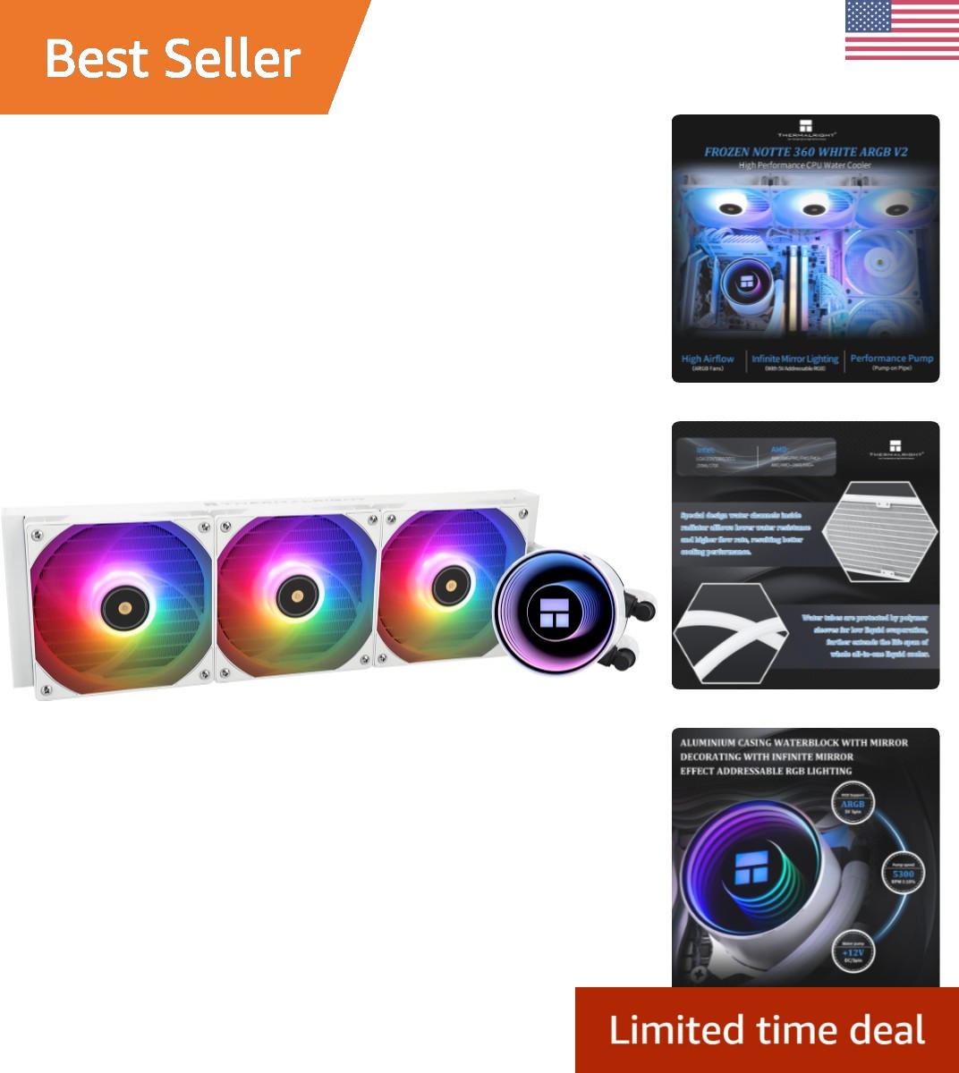 V2 Liquid CPU Cooler with 360mm Radiator, 3 PWM Fans & Brilliant ARGB Lighting
