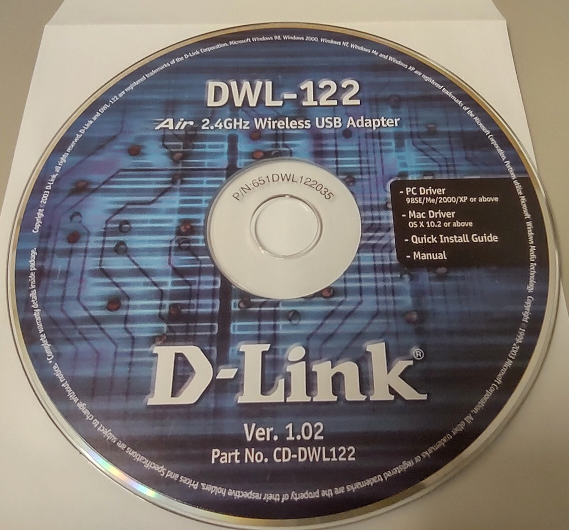D-Link Dlink DWL-122 USB Wireless CD-ROM Driver Disc Windows 98 ME 2000 XP 2003