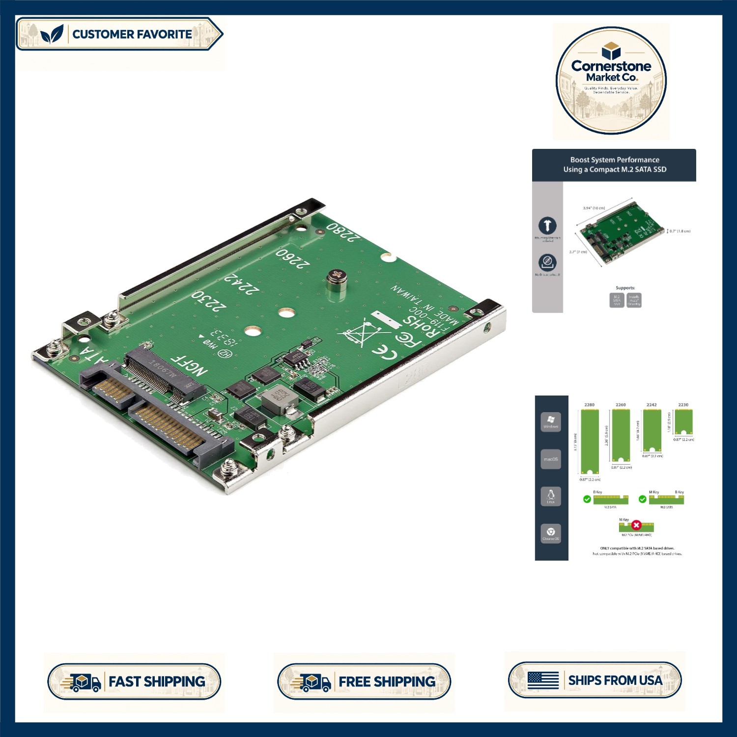 Compact M.2 SATA to 2.5" SATA Drive Bay Adapter - Supports Multiple SSD Sizes