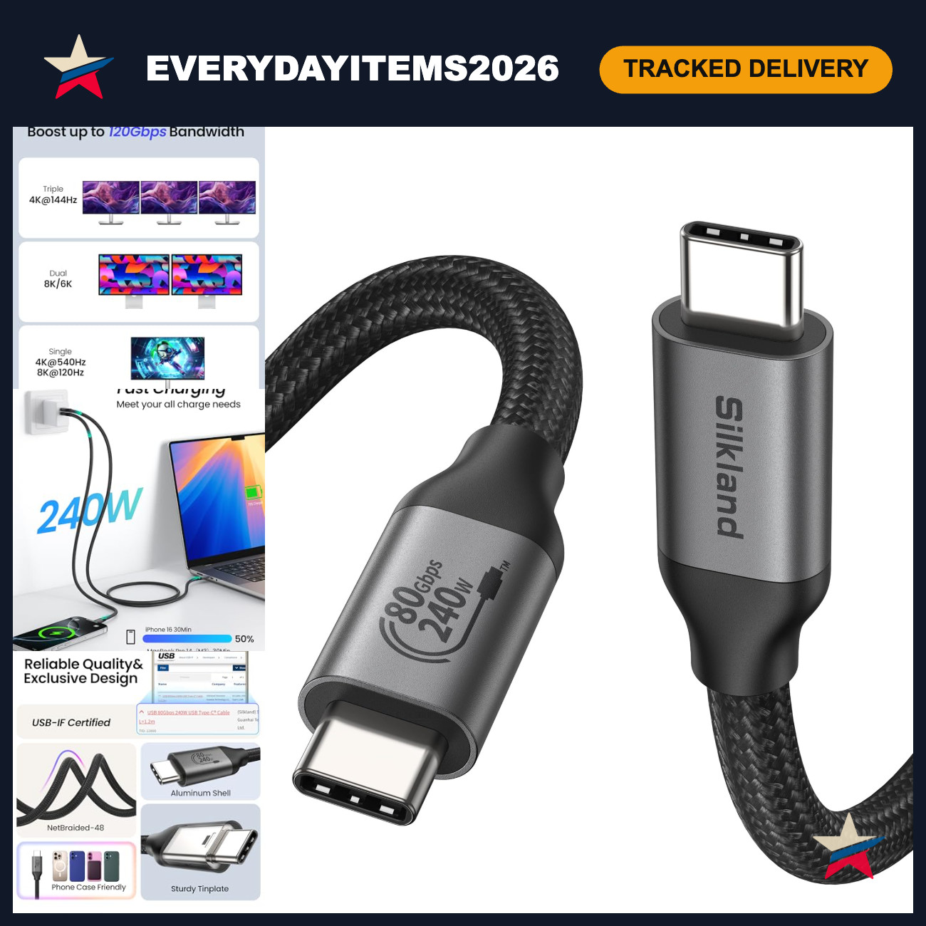 80Gbps USB 4 Thunderbolt 5 Cable 4FT - High-Speed, 120Gbps Bandwidth, 240W Power