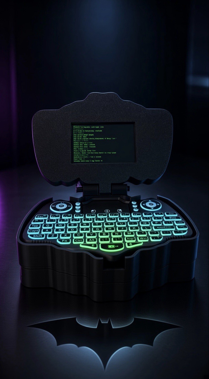 Mini Custom Computer Cyberdeck Batman Shaped With Illuminated Keyboard