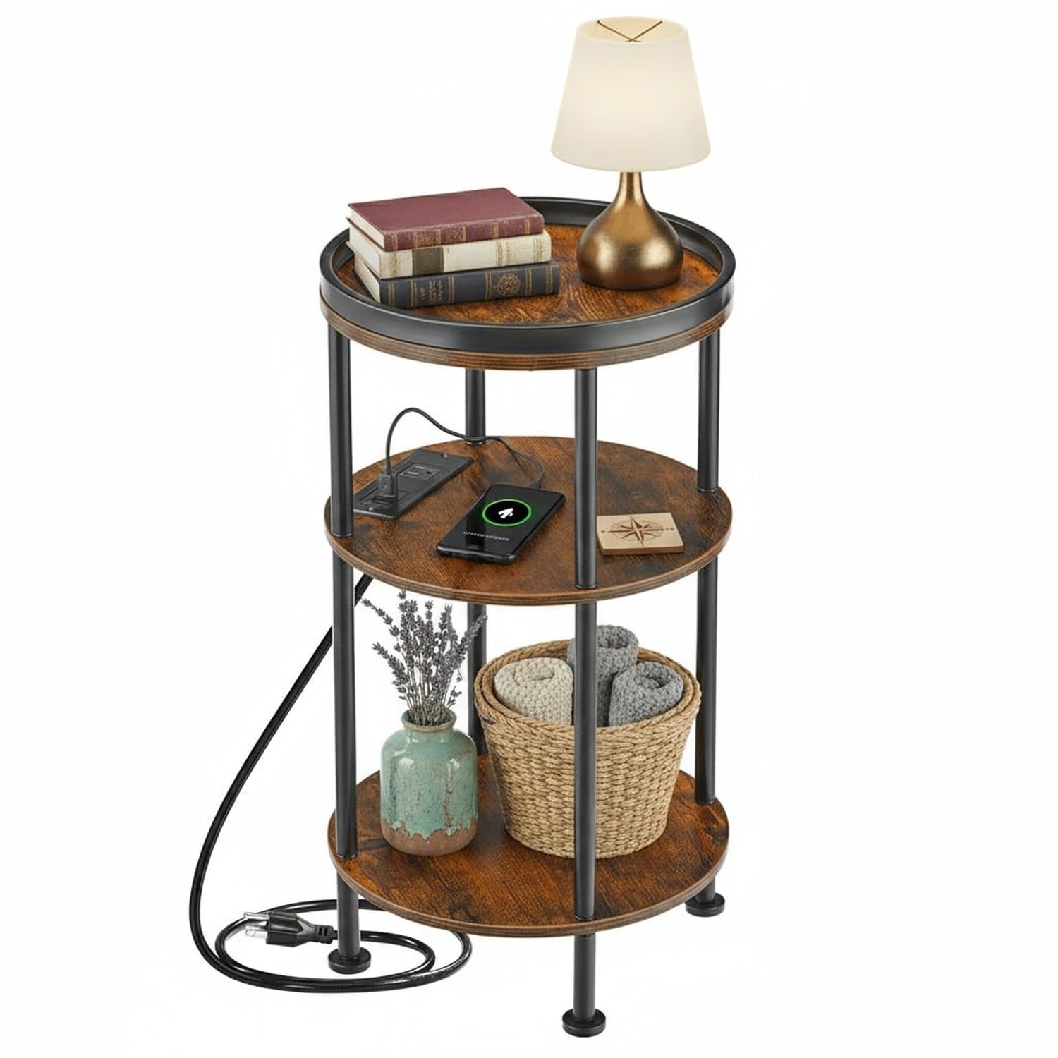 Small Round Side Table with Charging Station for Small Spaces, 3-Tier Round A...