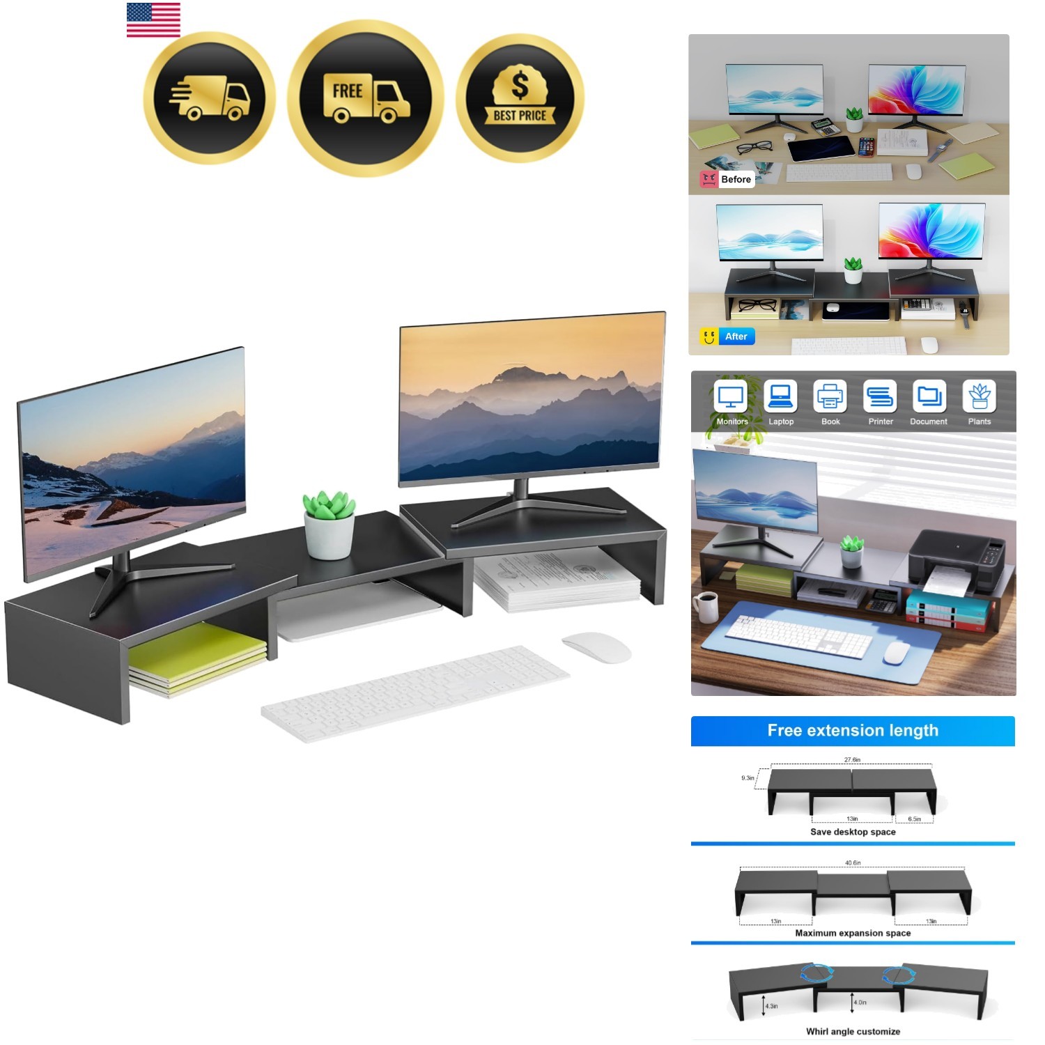 Dual Monitor Stand for Desk, Metal Computer Stand, Desk Shelf Riser,Desktop O...