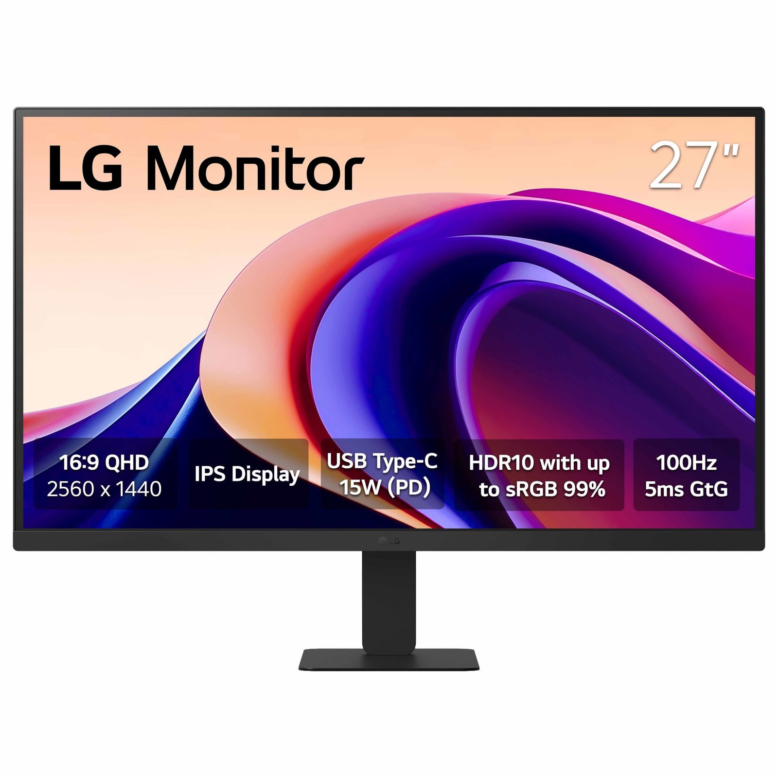 LG 27" QHD IPS Monitor, 100Hz Refresh Rate, HDR10, USB Type-C 15W Power