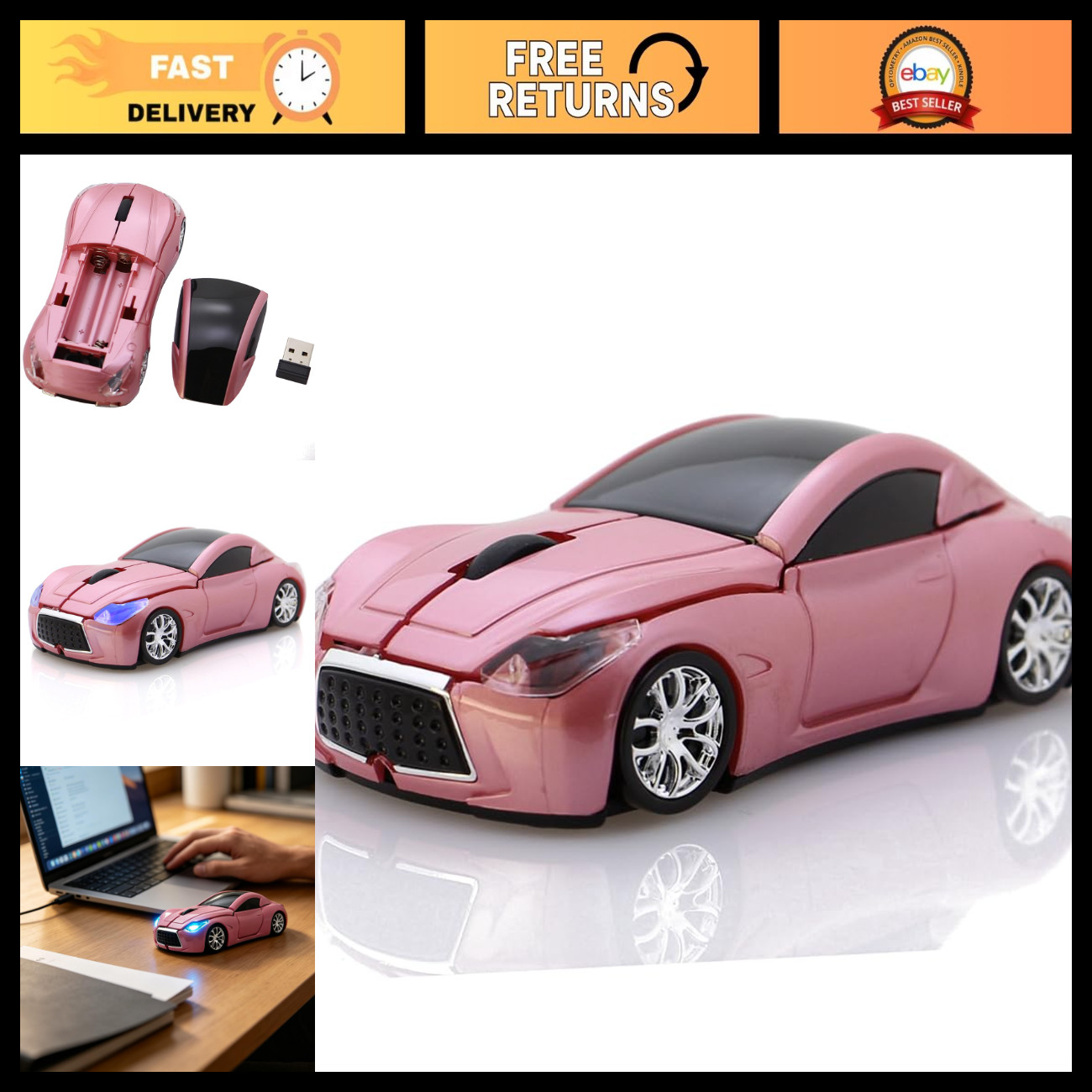 Wireless Car Shape Optical Mouse USB 2.4GHz for PC Laptop - Pink Color