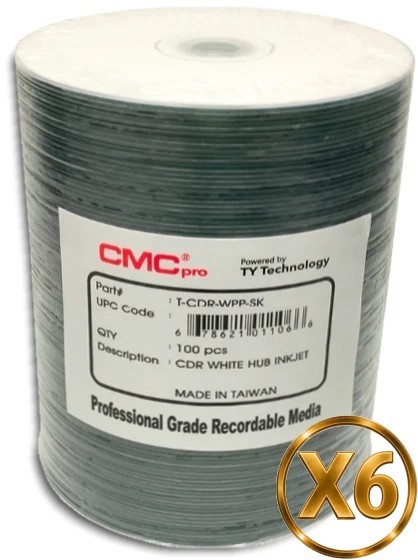 600-Pak CMC Pro (TY Technology) White Inkjet Hub Printable 52X 80-Minute CDR's