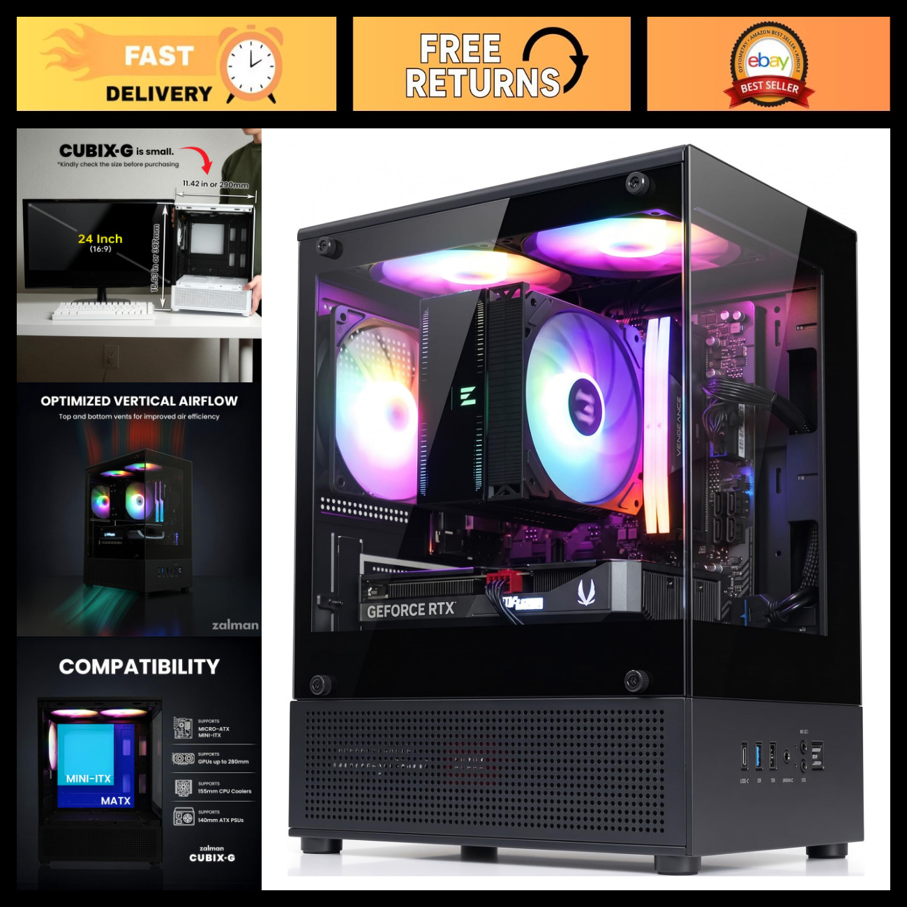 Compact Mini Tower Gaming PC Case, Micro-ATX MATX, Black, Sleek Design, Easy Bui