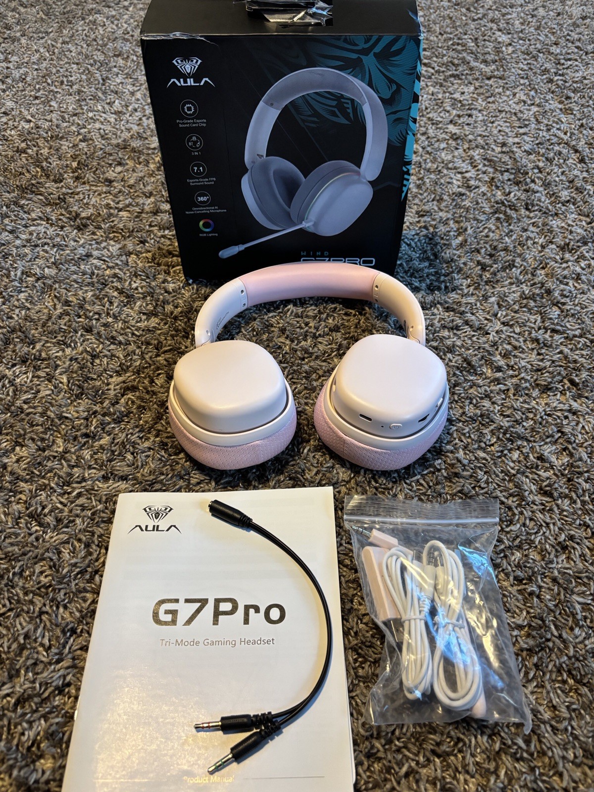 AULA White G7 Pro RGB Tri-Mode Wireless Gaming Headset Pink