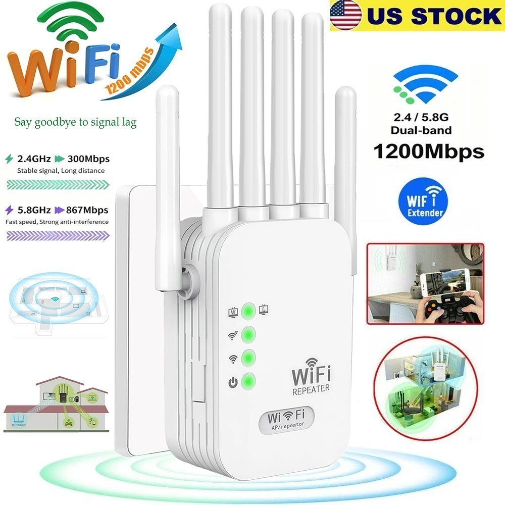 WiFi Extender 6-Antenna Strong Signal, 1200Mbps Dual Band (5GHz/2.4GHz) Booster