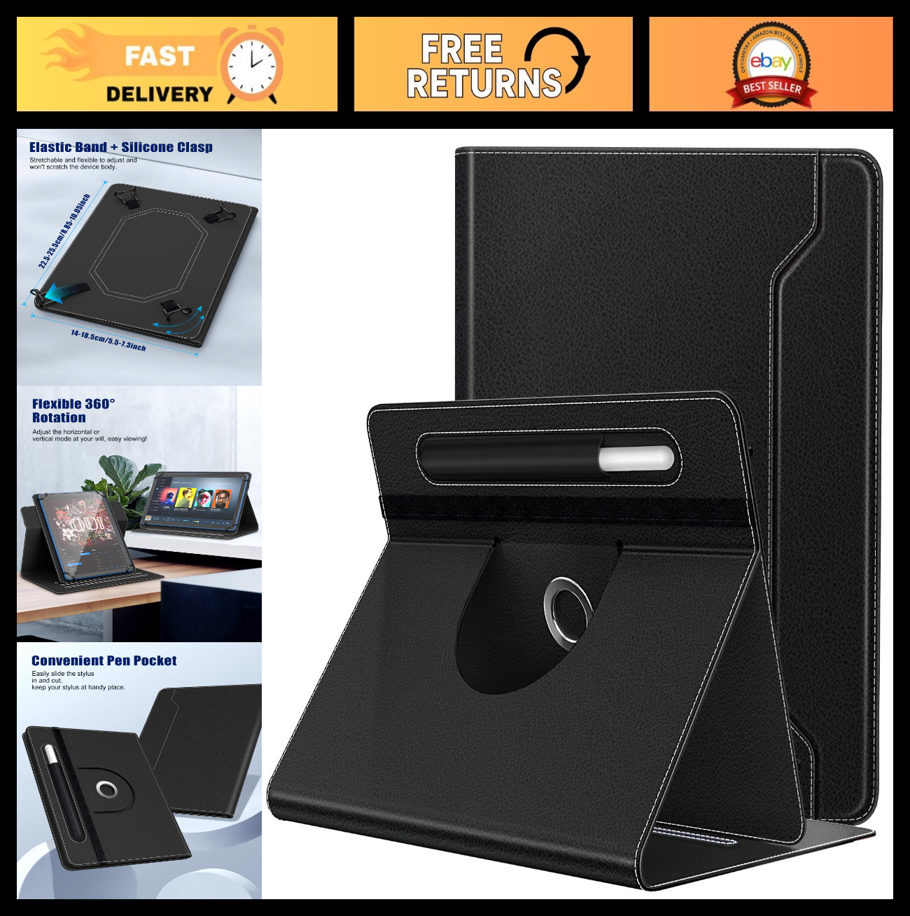 Universal 9-11 Inch Tablet Case, 360° Rotating Stand, Protective Cover with Pen