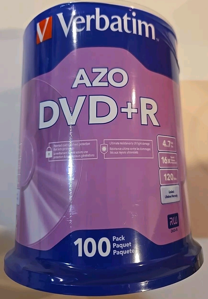 100 PACK Verbatim Life Series DVD+R 4.7GB 16x Recordable Blank Disc Spindle
