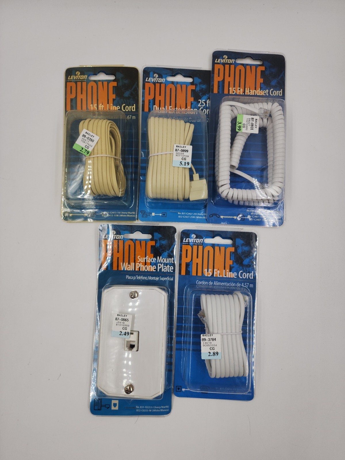 Leviton 15/25 Feet Modular Phone Handset Line Cord Modular Plugs Lot of 5 NOS