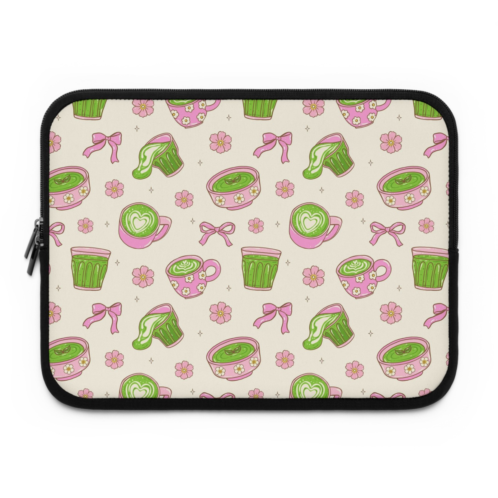 Matcha Tea Pattern Laptop Sleeve | Cute Green Tea Cups, Bows, Flowers