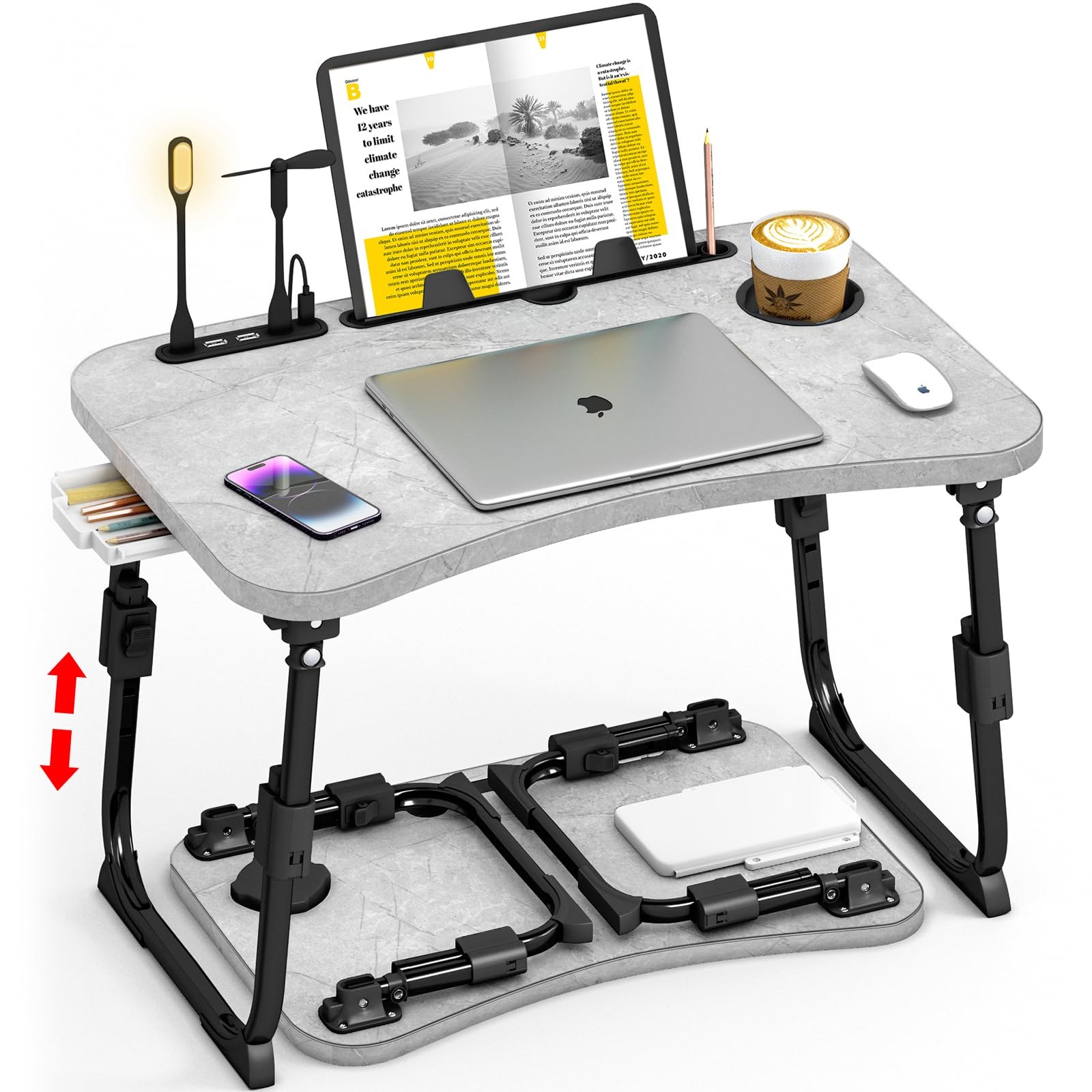 Light Stone Adjustable Height Lap Desk Foldable Bed Table Storage Drawer Cup