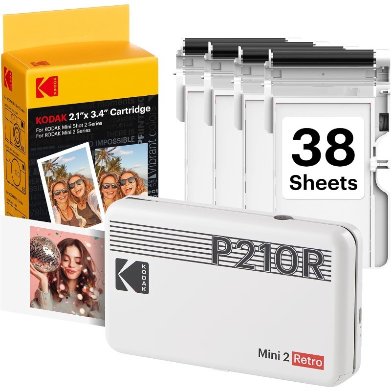 Mini 2 Retro 2x3 Portable Photo Printer, 4PASS, 38 Sheets, White