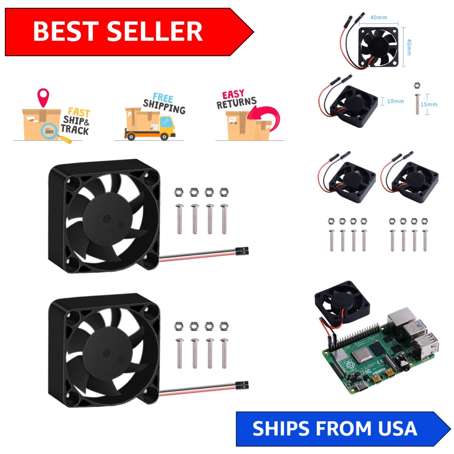 2-Pack Quiet Cooling Fans for Raspberry Pi 4/3/2 - Compact & Efficient 40x40mm