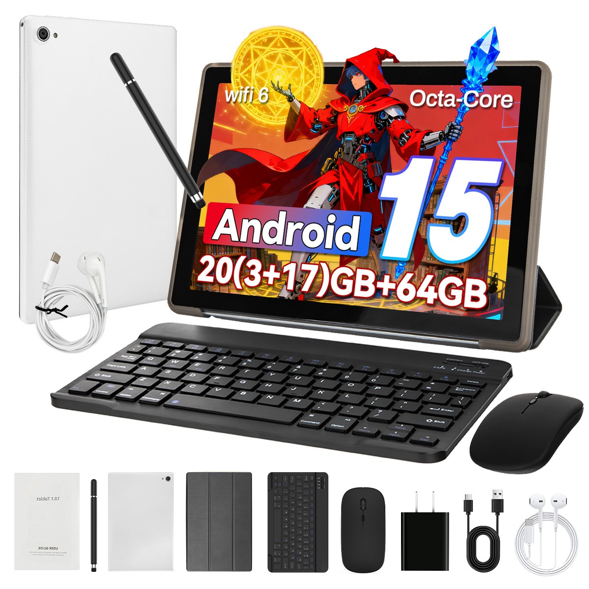 2026 10.1 inch Android 15 Tablet 20GB RAM 64GB ROM IPS HD LCD WiFi 6 Bluetooth