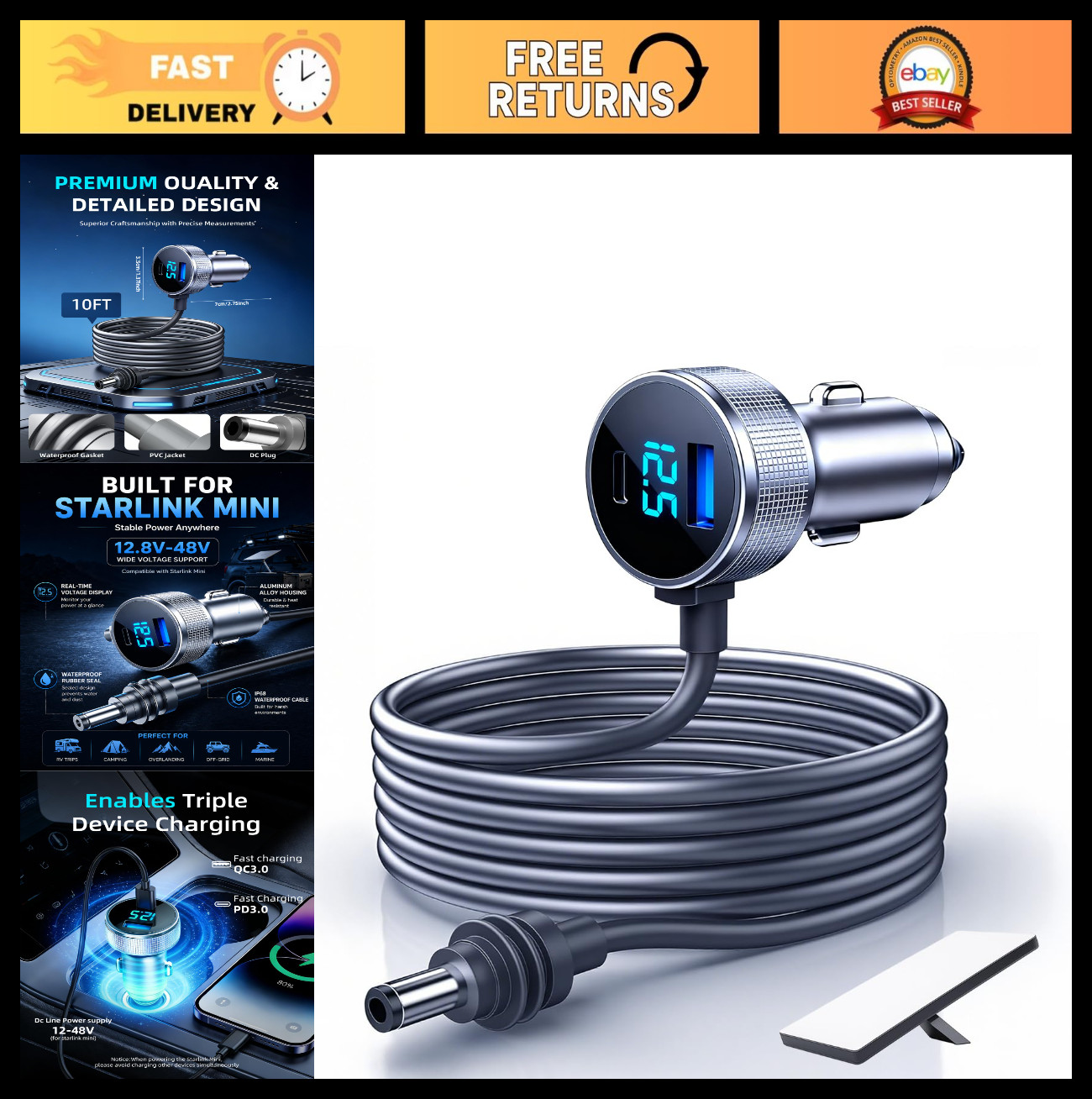 3-in-1 Mini Car Adapter, DC Power Cable & Cigarette Lighter 12V-48V, USB-C PD 45