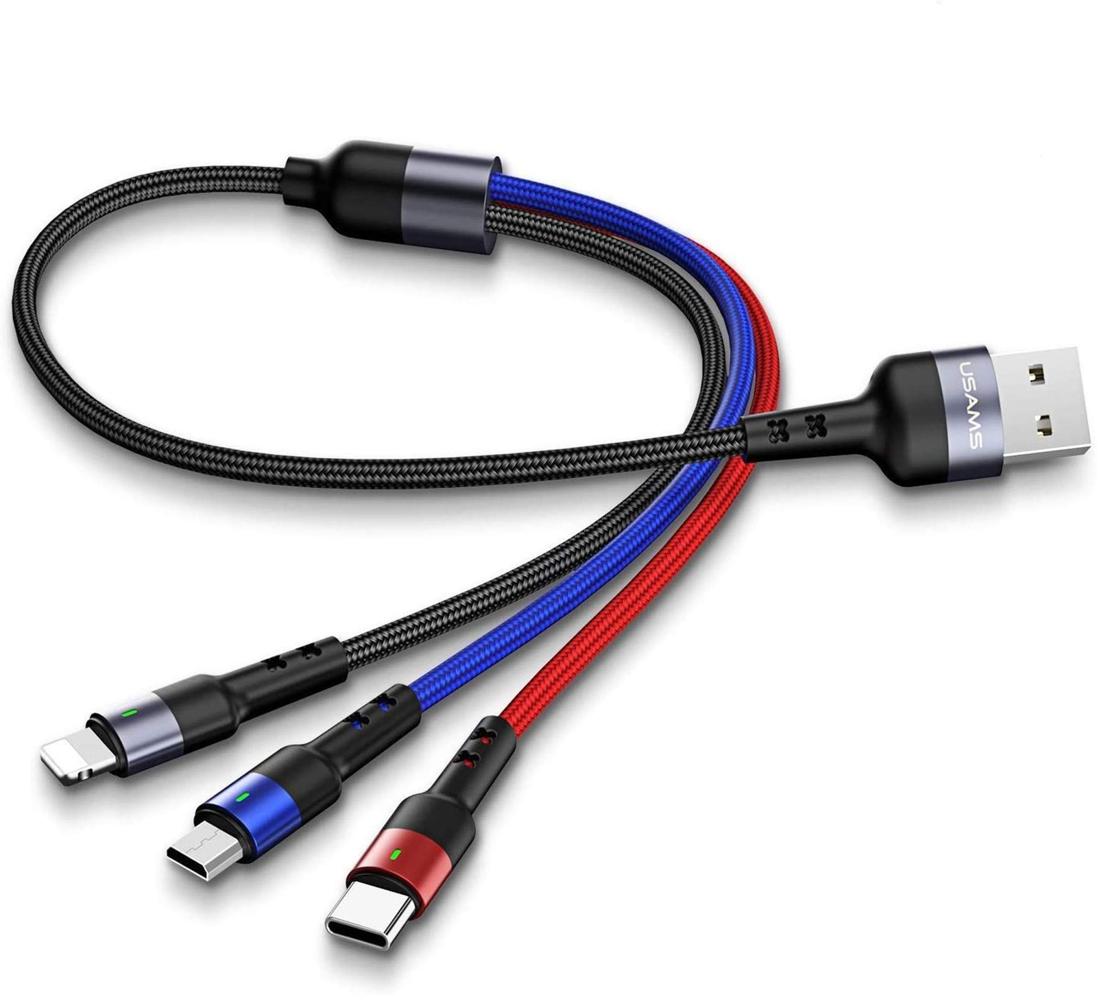 USAMS Multi USB Cable 1ft 2Pack Short 3 in 1 Charging 1FT, Multicolored