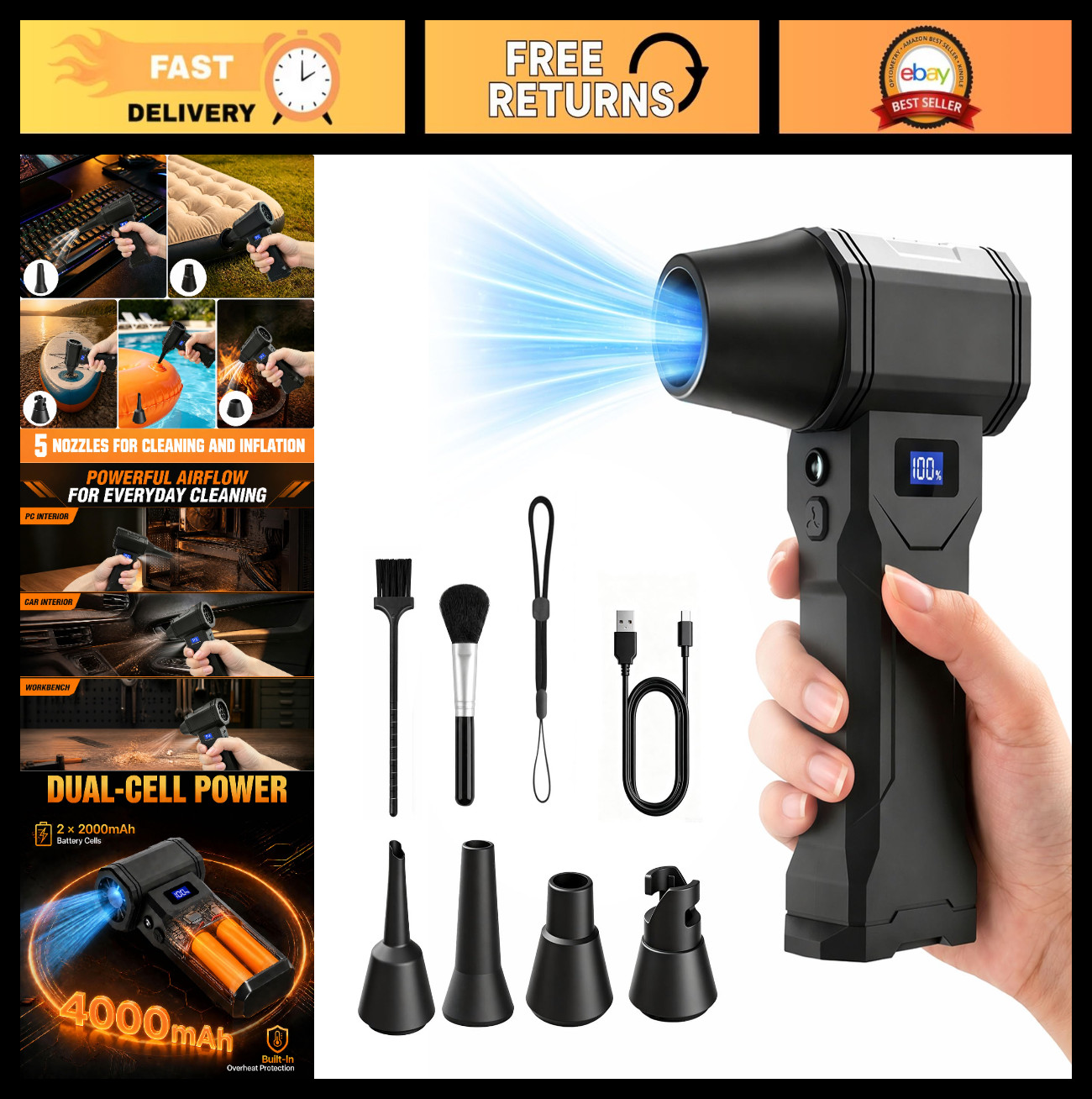 High-Power Cordless Air Duster, 130K RPM, Rechargeable Blower w/ LED Light & 5 N