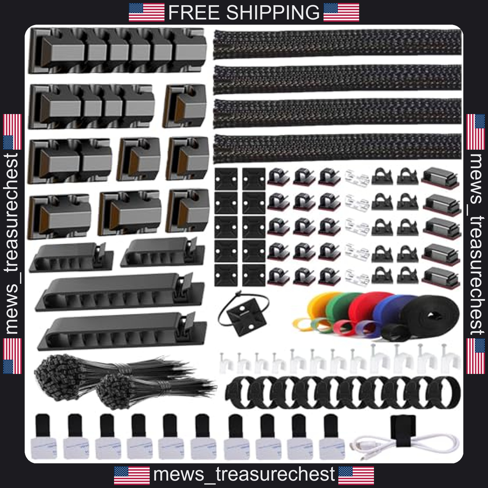 Cable Management Kit 327 pcs with Sleeves, Clips, Ties, Holders in Black