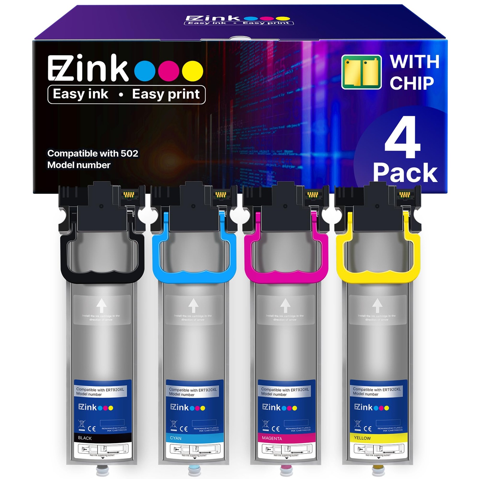 E-Z Ink 902XL Ink Cartridge 4 Pack for Eps*n Workforce WF-C5210 WF-C5290