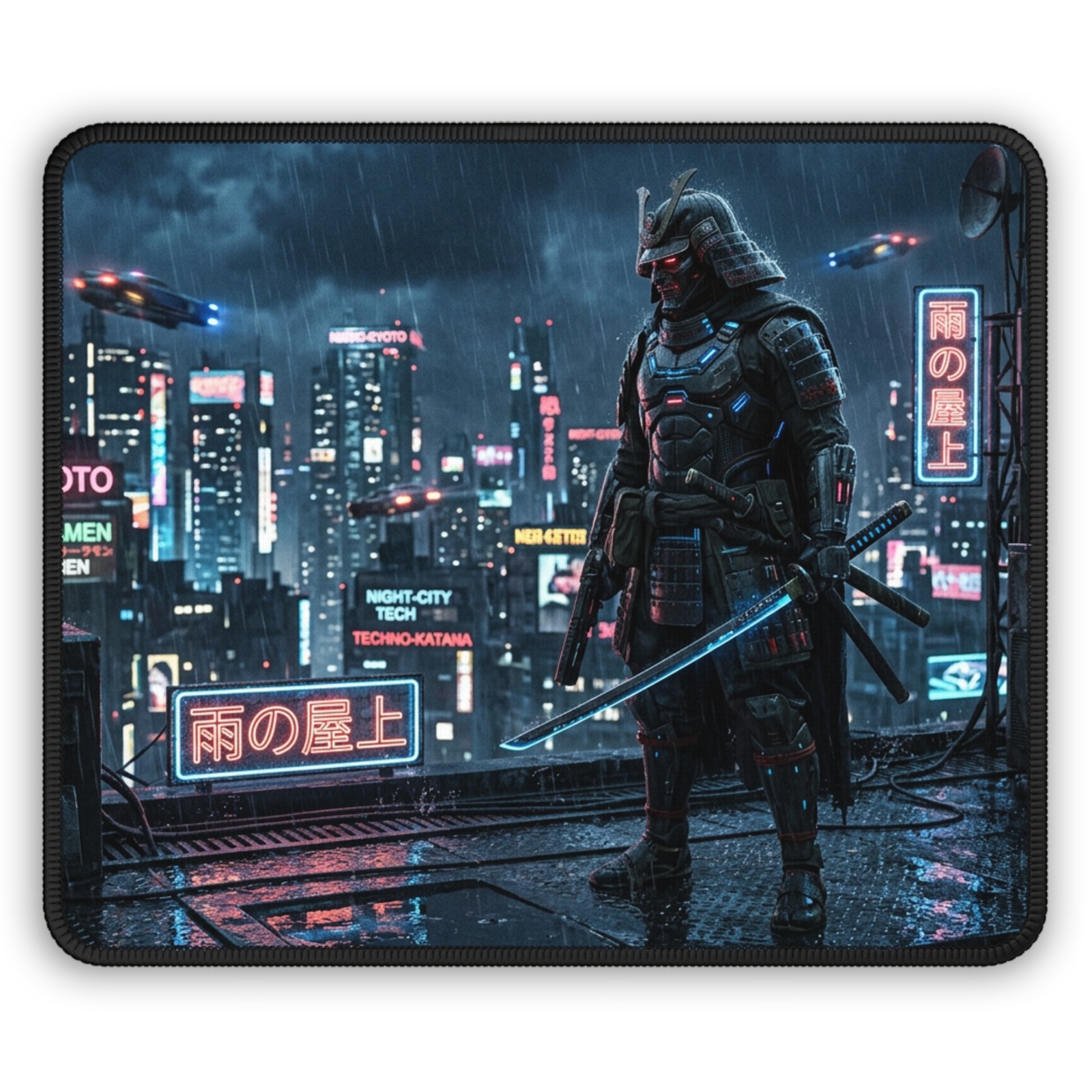 Cyber Samurai Nightscape Gaming Mouse Pad | Neon City Blade