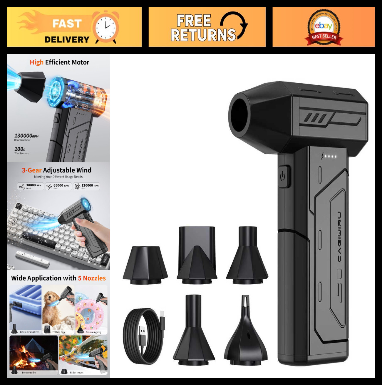 High-Power Cordless Air Duster 130,000 RPM - Rechargeable Mini Blower with LED L