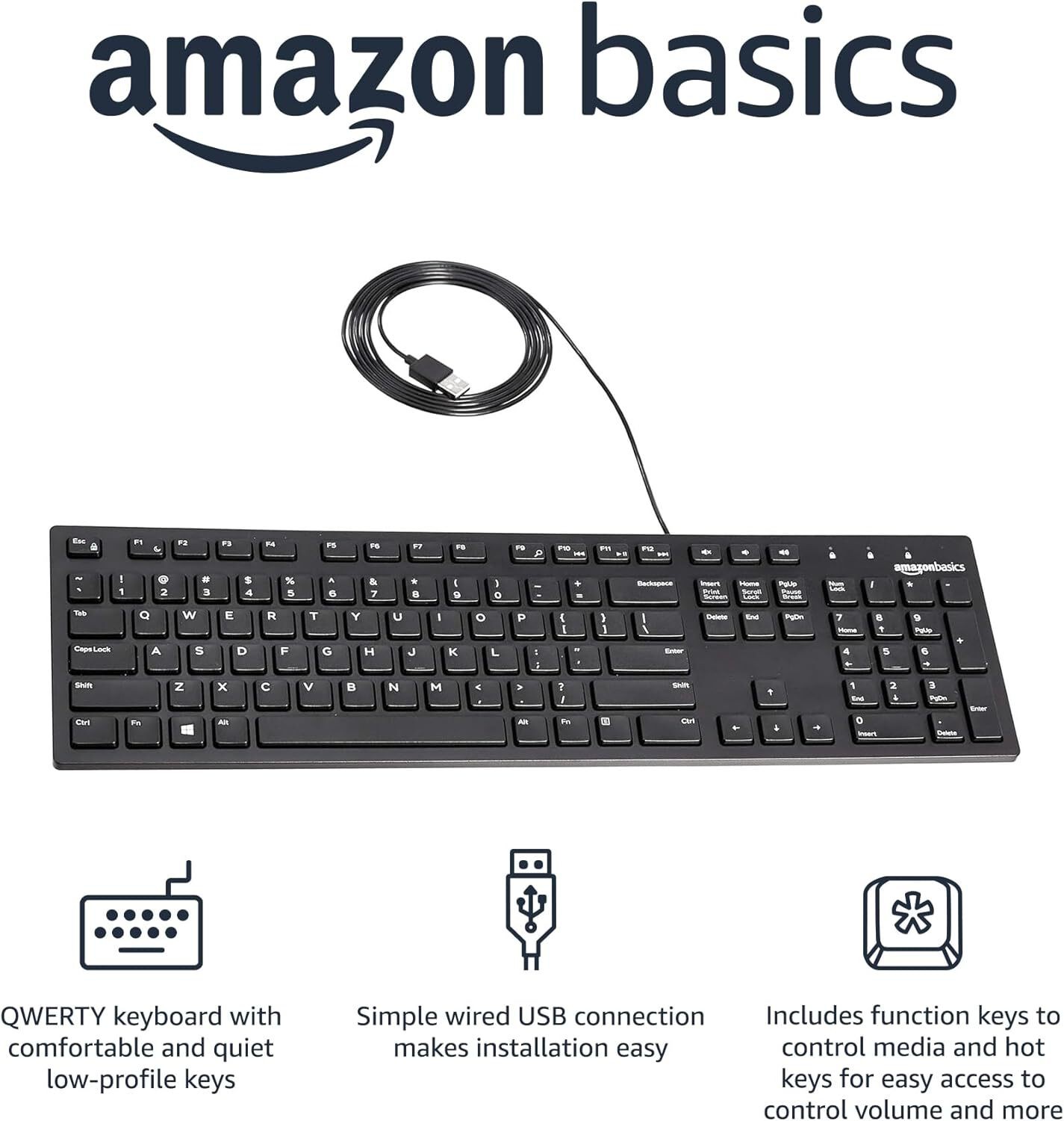 Amazon Basics Wired Keyboard Full-Sized QWERTY Layout Black