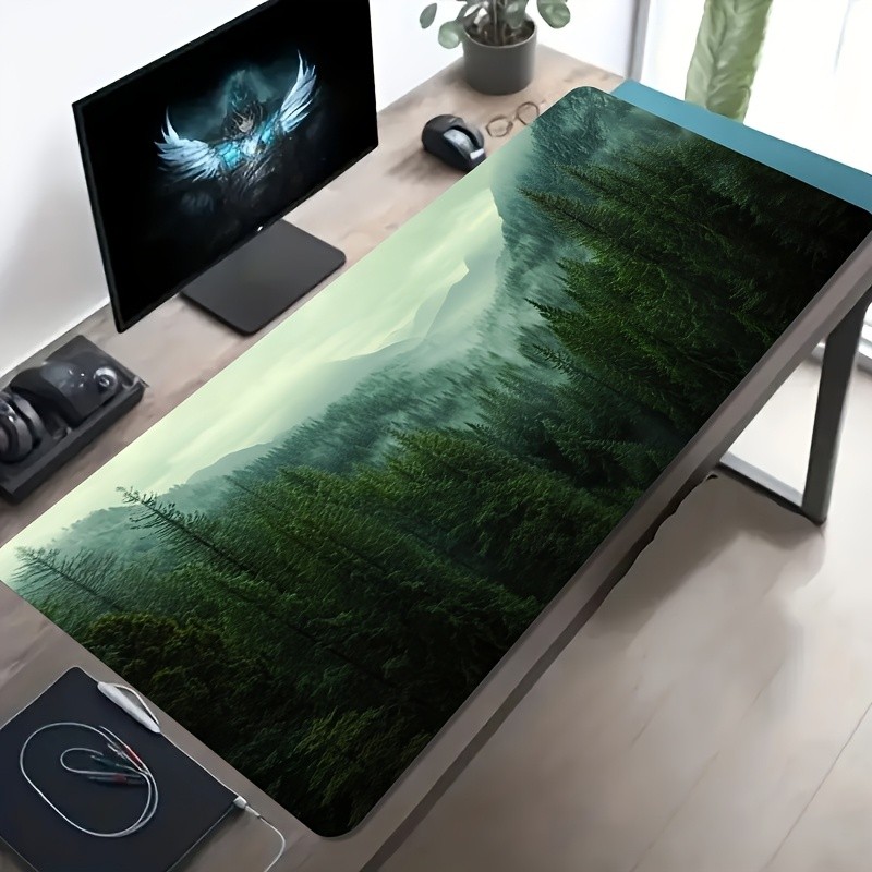 Large Gaming Mouse Pad - Non-Slip Base, Extra Long Desk Mat with Green Forest